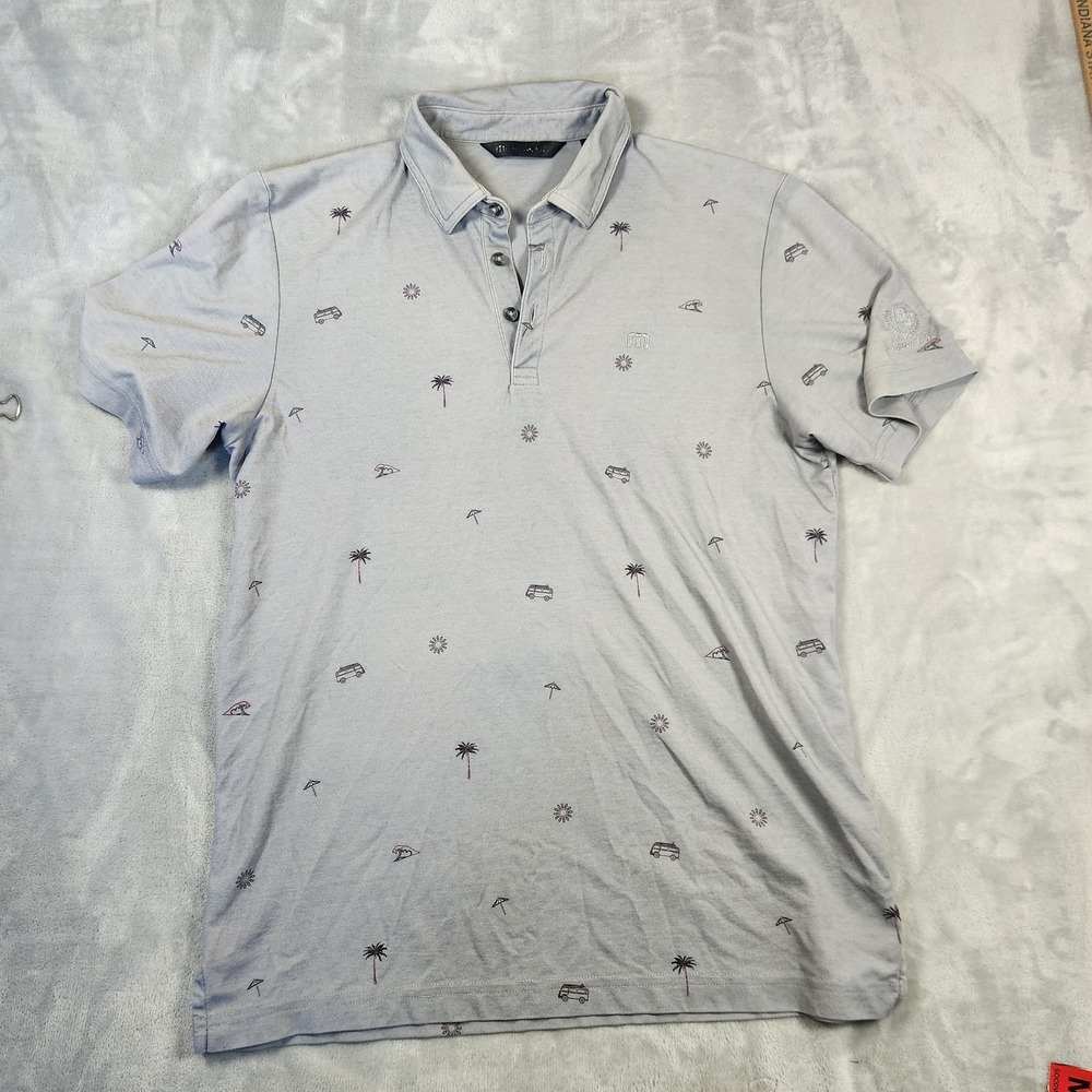 Travis Mathew Polo Shirt Mens Medium Grey Van Beach All Over Print Golf Stretch